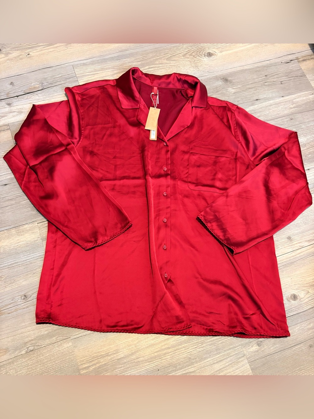 SKIMS Kim Kardashian woven shine long sleeve sleep shirt large new with tags